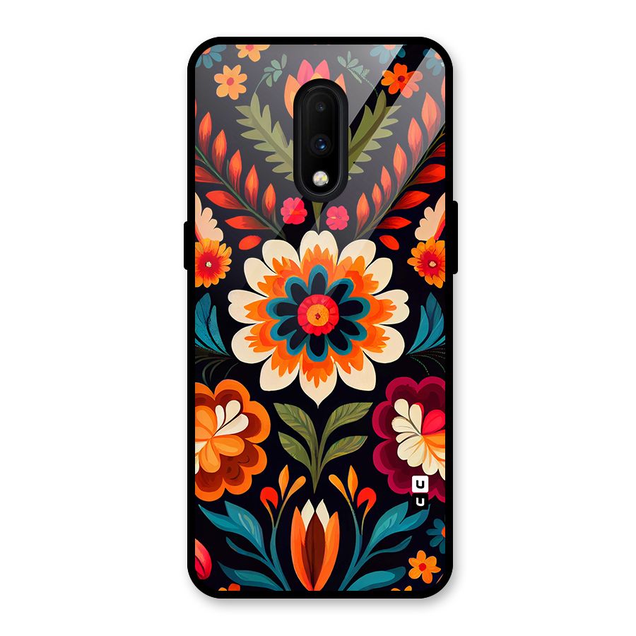 Colorful Mexican Floral Pattern Glass Back Case for OnePlus 7