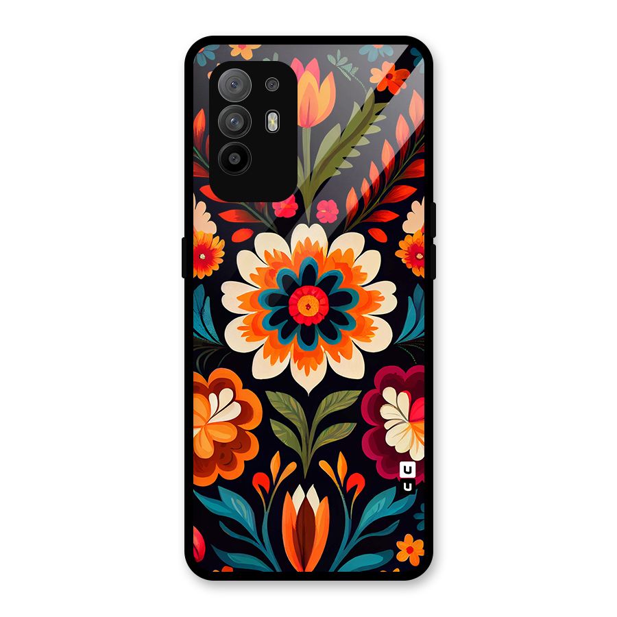 Colorful Mexican Floral Pattern Glass Back Case for Oppo F19 Pro Plus 5G