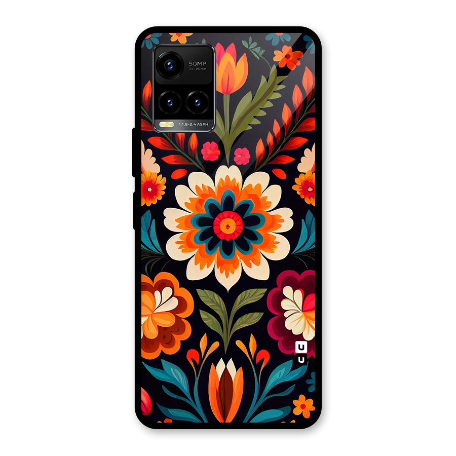 Colorful Mexican Floral Pattern Glass Back Case for Vivo Y21G