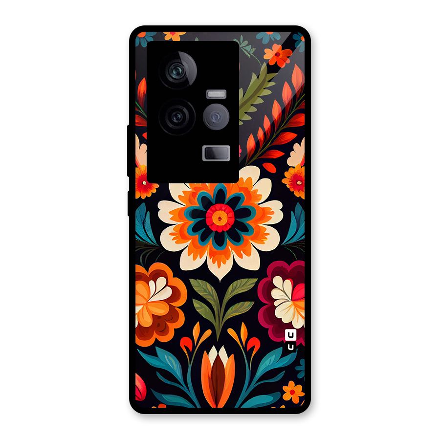 Colorful Mexican Floral Pattern Glass Back Case for Vivo iQOO 11 5G