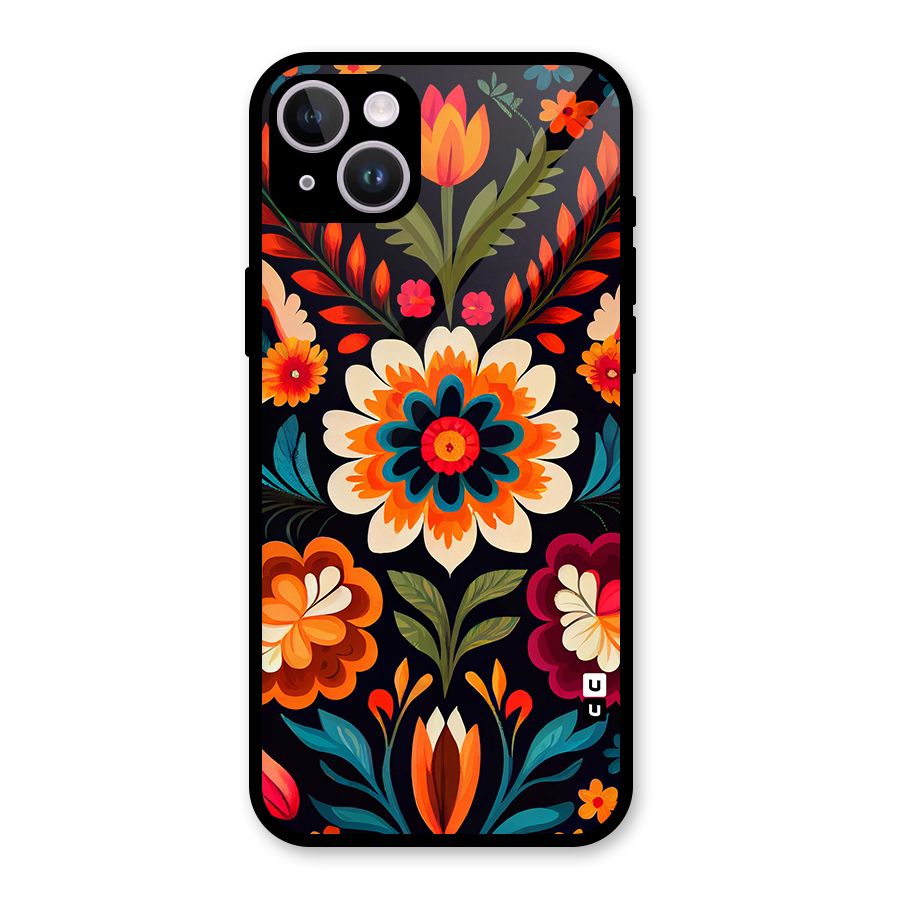 Colorful Mexican Floral Pattern Glass Back Case for iPhone 14 Plus