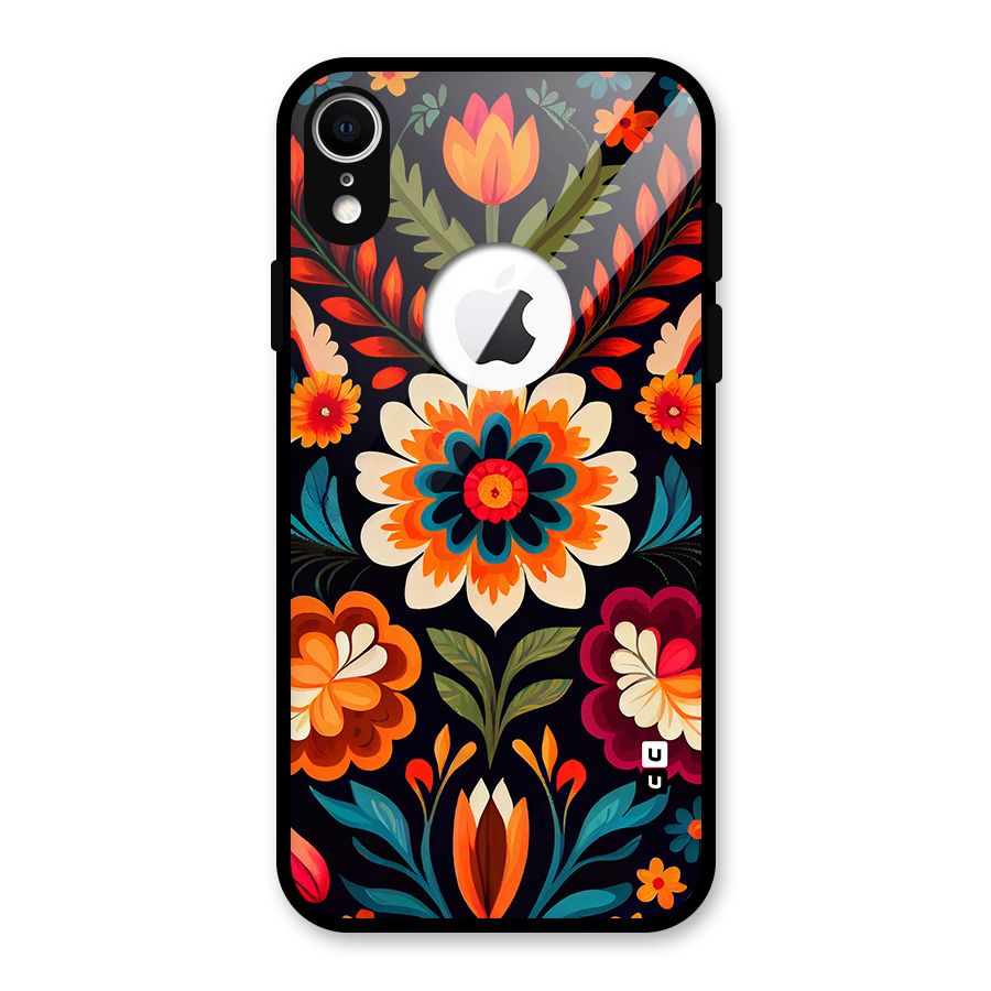 Colorful Mexican Floral Pattern Glass Back Case for iPhone XR Logo Cut