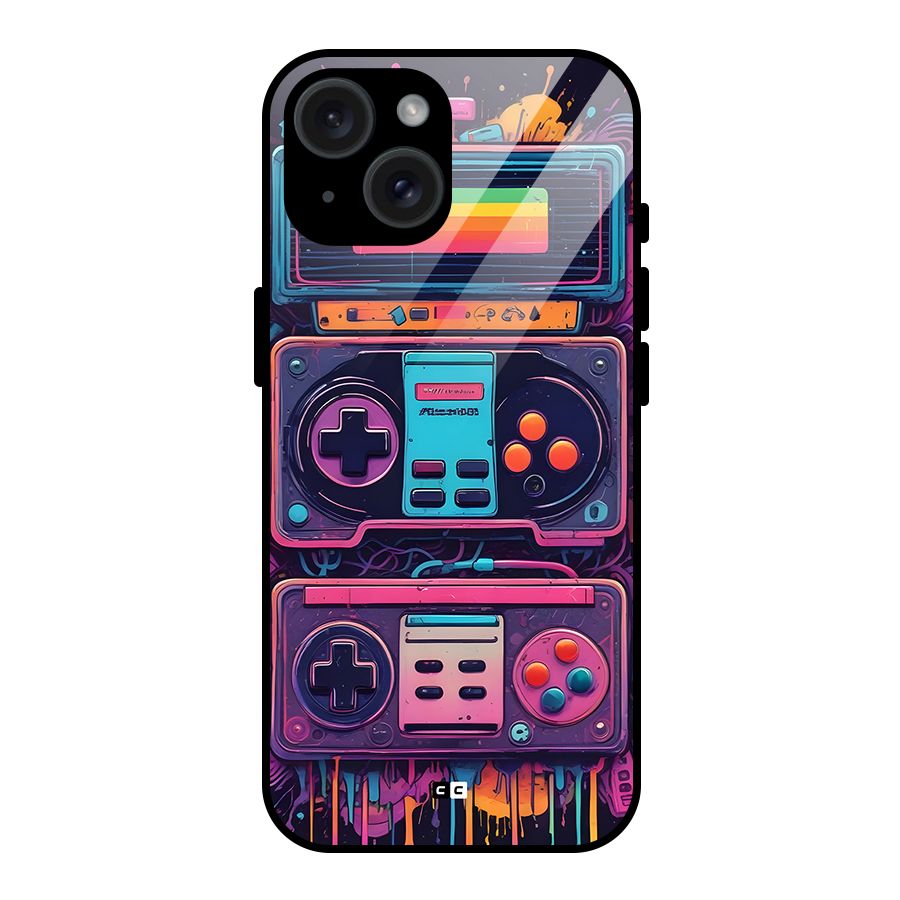 Comic Gaming Console Glass Back Case for iPhone 15