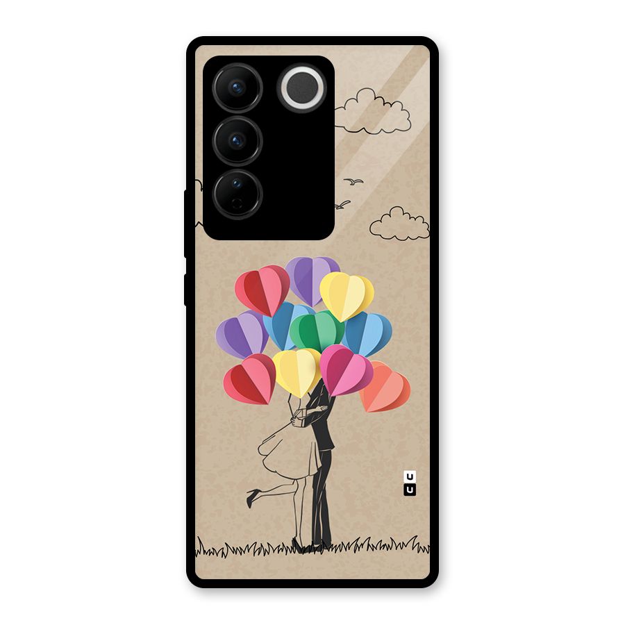Couple With Card Baloons Glass Back Case for Vivo V27 Pro