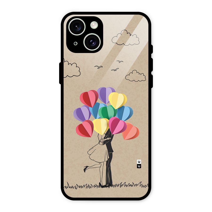 Couple With Card Baloons Glass Back Case for iPhone 15 Plus