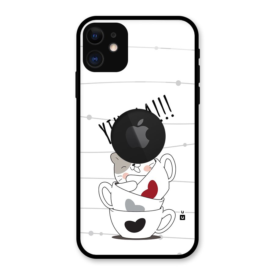 Cute Cat Cup Glass Back Case for iPhone 11 Logo Cut