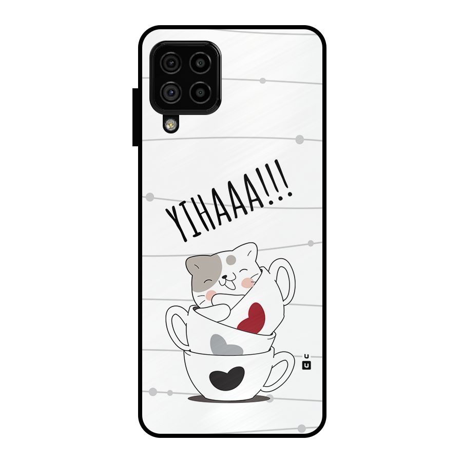 Cute Cat Cup Metal Back Case for Galaxy A22 4G