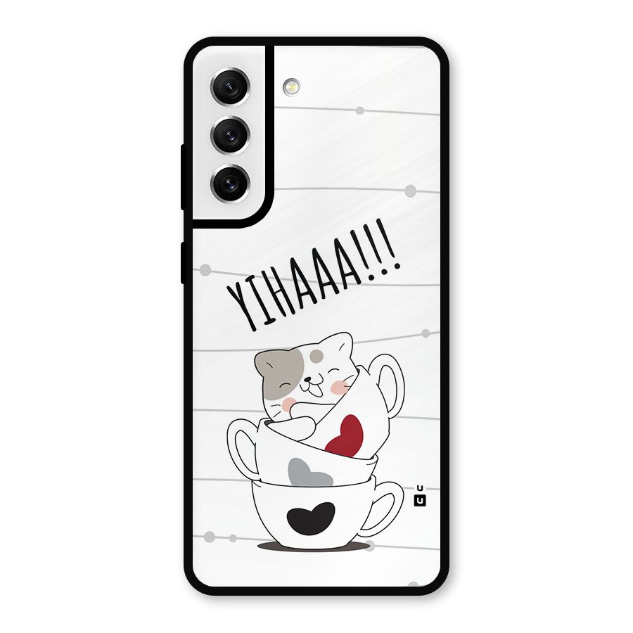 Cute Cat Cup Metal Back Case for Galaxy S21 FE 5G