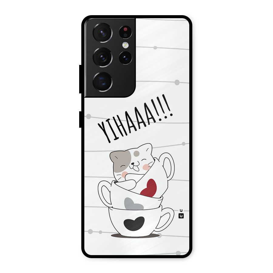 Cute Cat Cup Metal Back Case for Galaxy S21 Ultra 5G