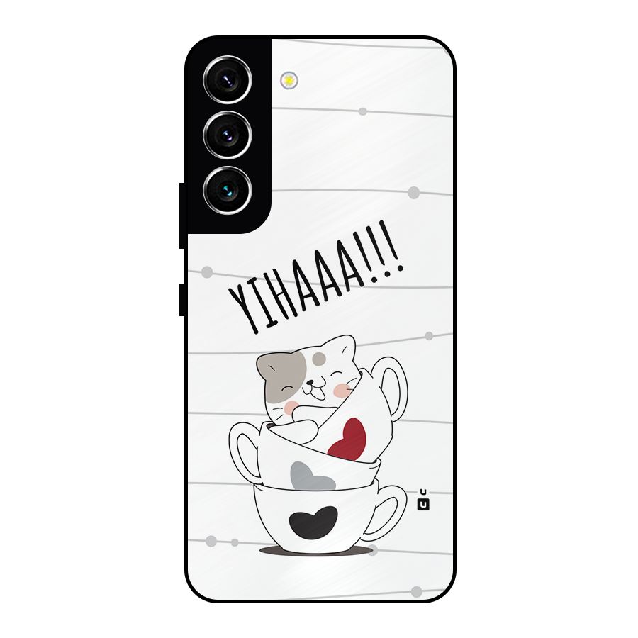 Cute Cat Cup Metal Back Case for Galaxy S22 5G