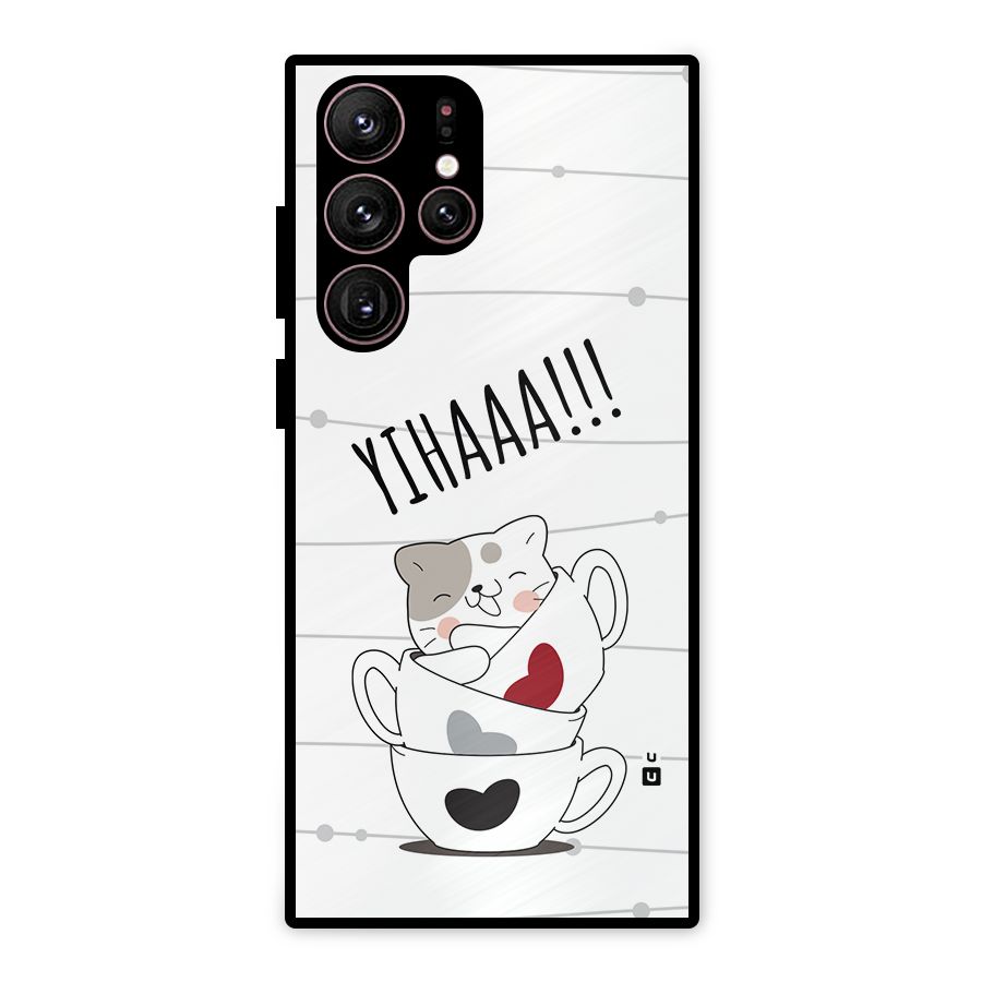Cute Cat Cup Metal Back Case for Galaxy S22 Ultra 5G