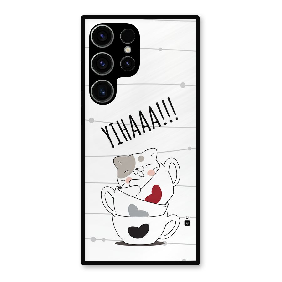 Cute Cat Cup Metal Back Case for Galaxy S23 Ultra