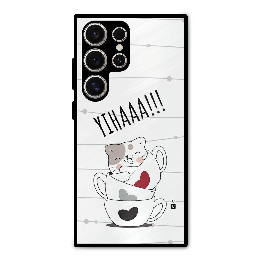 Cute Cat Cup Metal Back Case for Galaxy S24 Ultra