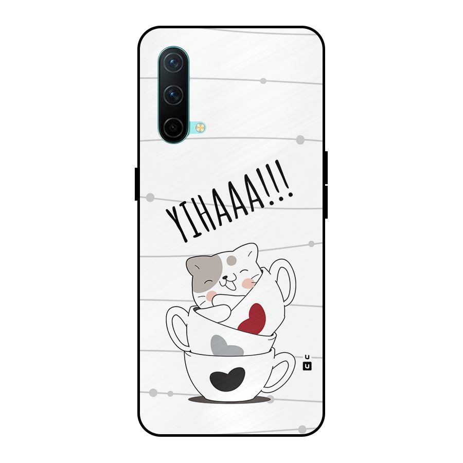 Cute Cat Cup Metal Back Case for OnePlus Nord CE 5G