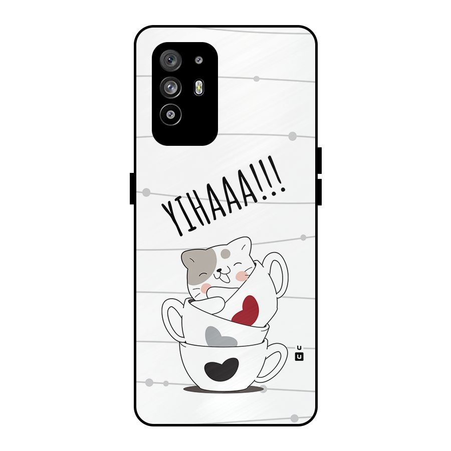 Cute Cat Cup Metal Back Case for Oppo F19 Pro Plus 5G