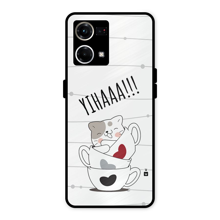 Cute Cat Cup Metal Back Case for Oppo F21 Pro 4G