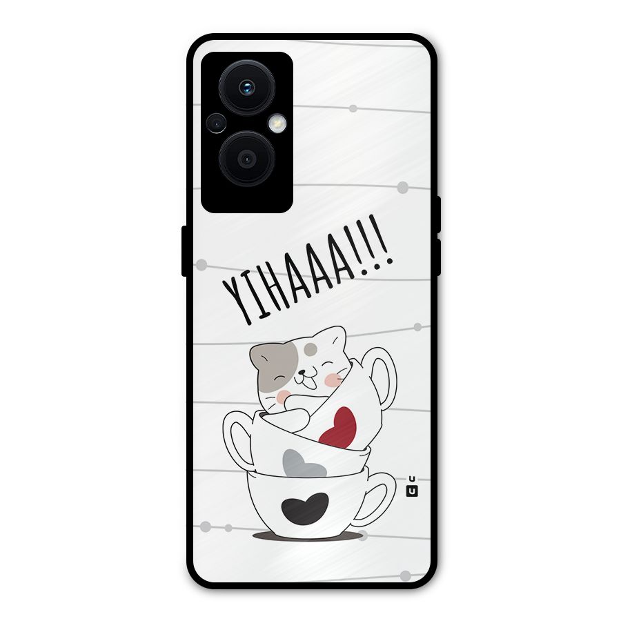 Cute Cat Cup Metal Back Case for Oppo F21 Pro 5G