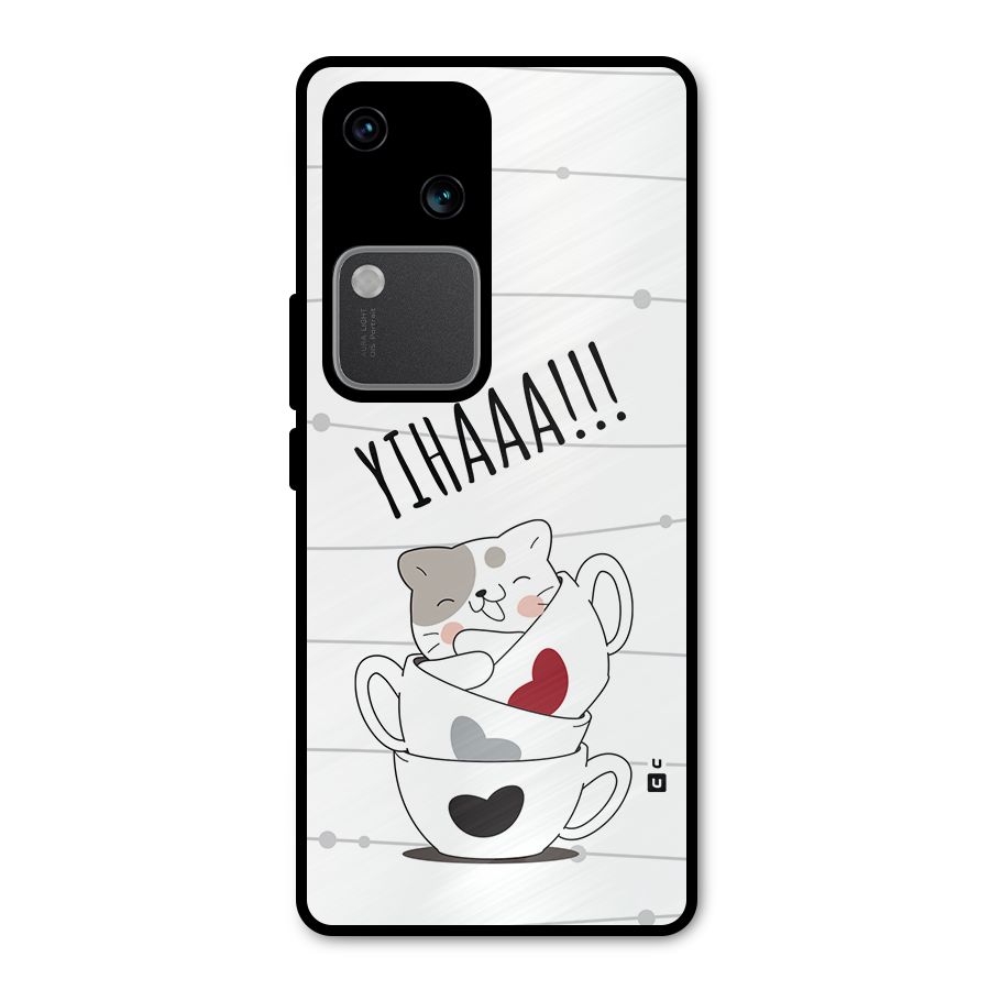 Cute Cat Cup Metal Back Case for Vivo V30 Pro
