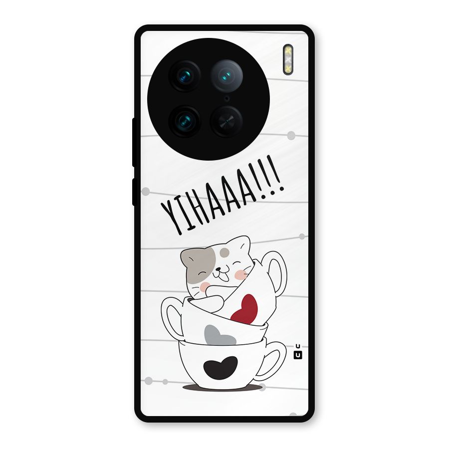 Cute Cat Cup Metal Back Case for Vivo X90 Pro