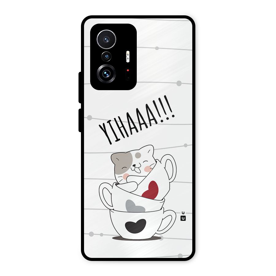 Cute Cat Cup Metal Back Case for Xiaomi 11T Pro