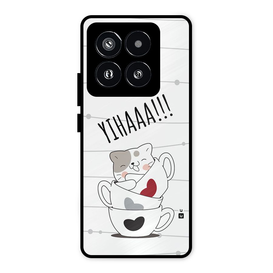 Cute Cat Cup Metal Back Case for Xiaomi 14 Pro