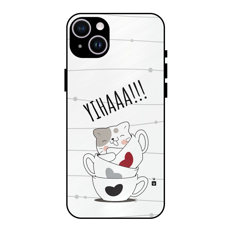 Cute Cat Cup Metal Back Case for iPhone 14 Plus