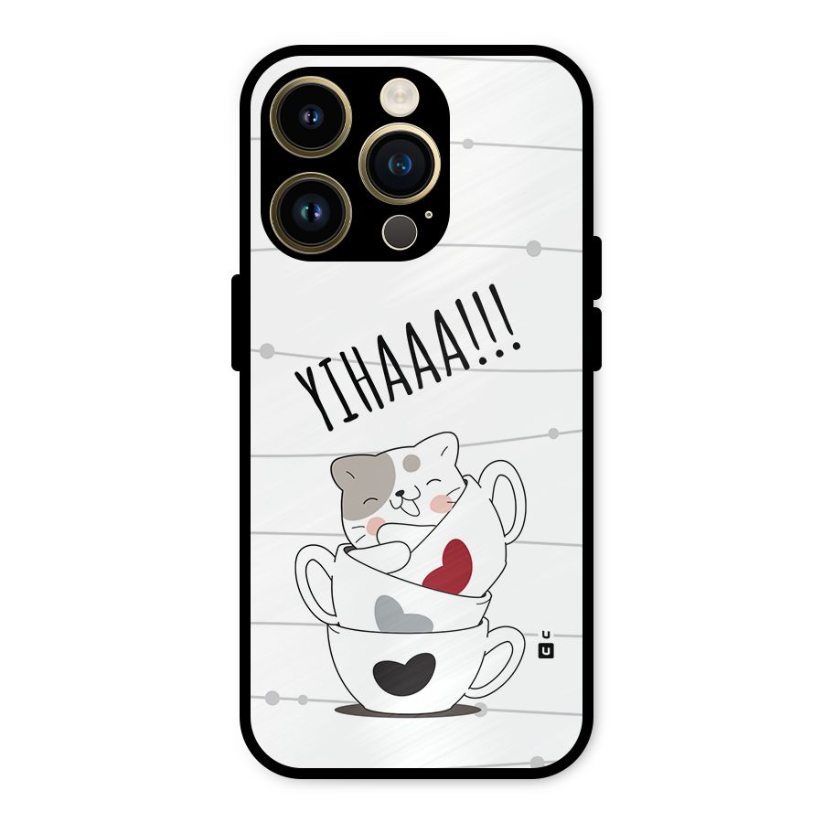 Cute Cat Cup Metal Back Case for iPhone 14 Pro
