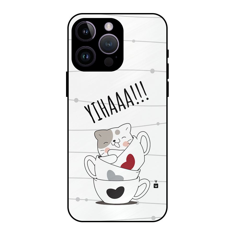 Cute Cat Cup Metal Back Case for iPhone 14 Pro Max