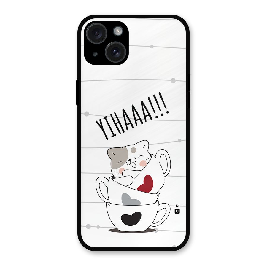Cute Cat Cup Metal Back Case for iPhone 15 Plus