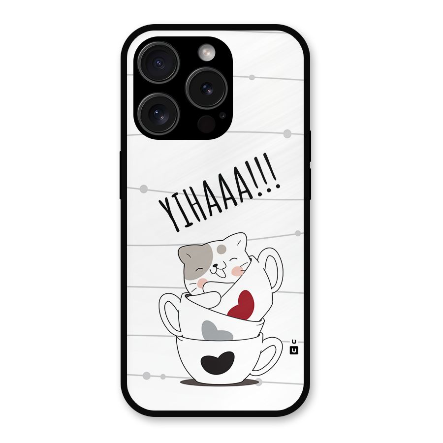 Cute Cat Cup Metal Back Case for iPhone 15 Pro