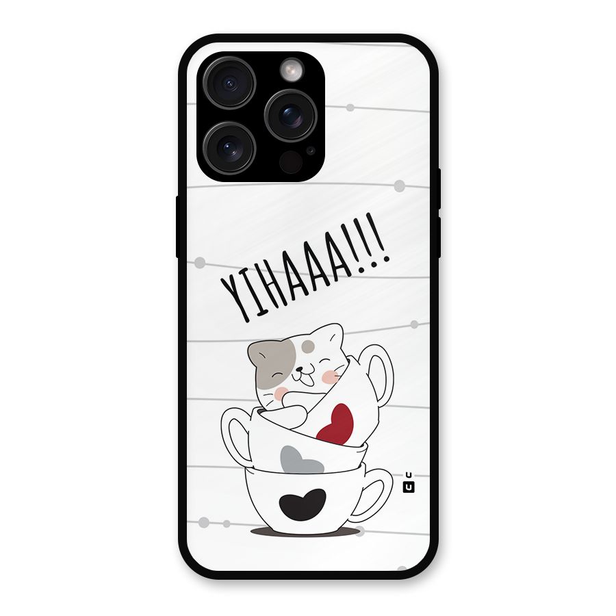 Cute Cat Cup Metal Back Case for iPhone 15 Pro Max