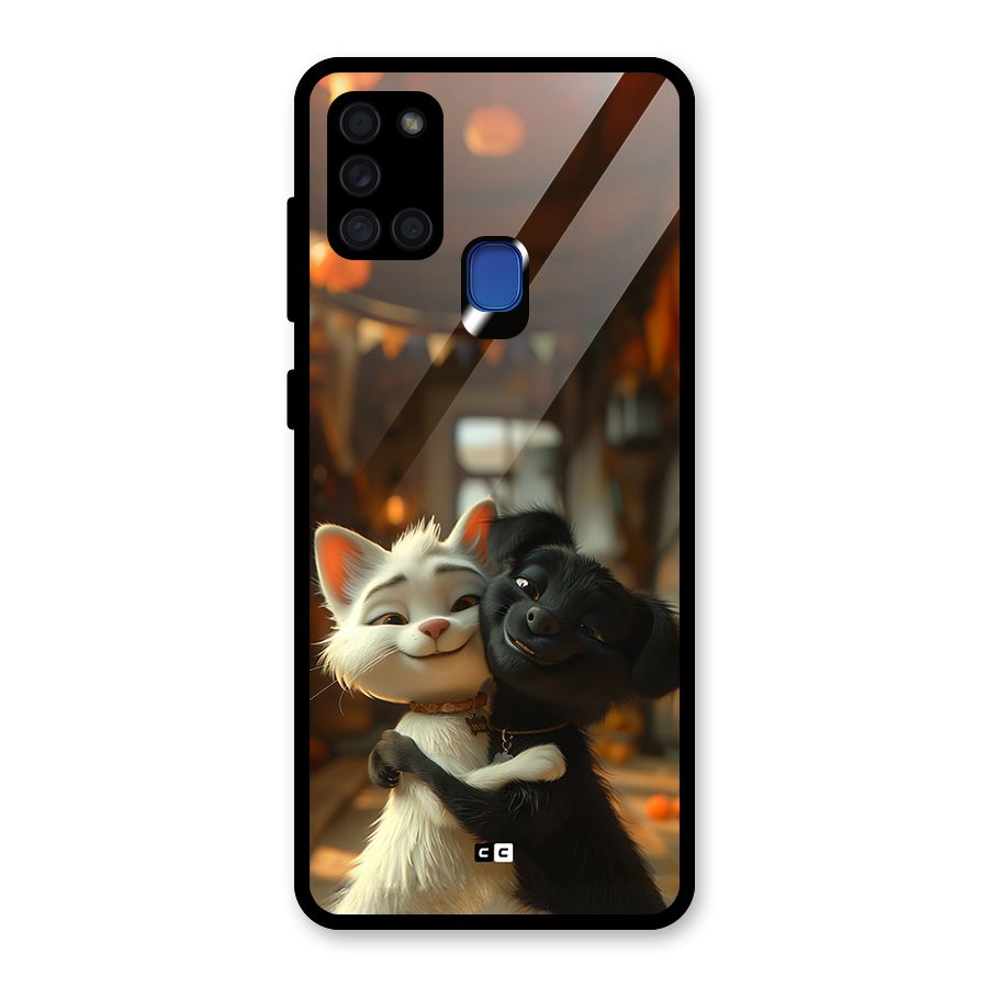 Cute Cat Dog Glass Back Case for Galaxy A21s