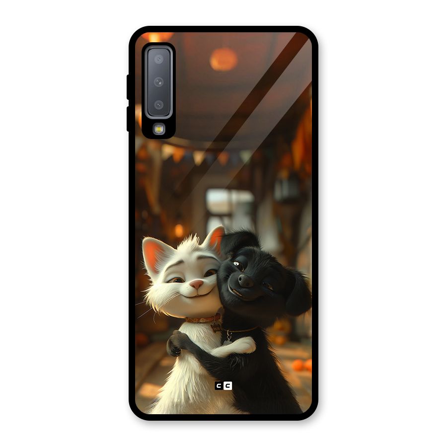 Cute Cat Dog Glass Back Case for Galaxy A7 (2018)