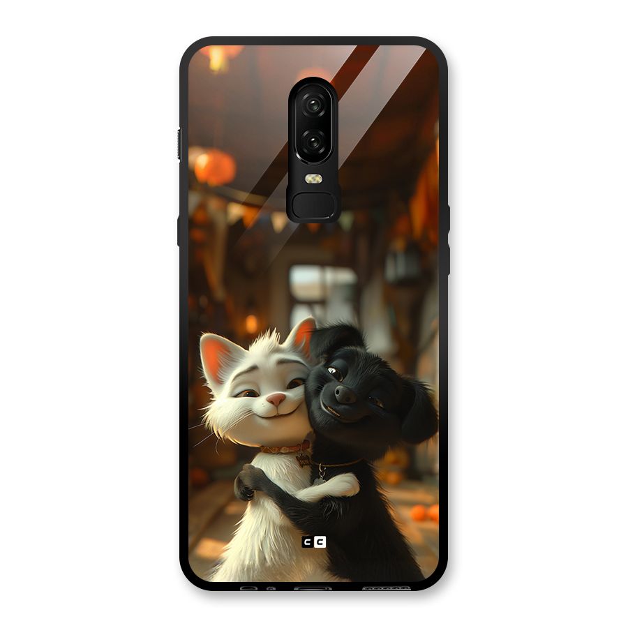 Cute Cat Dog Glass Back Case for OnePlus 6