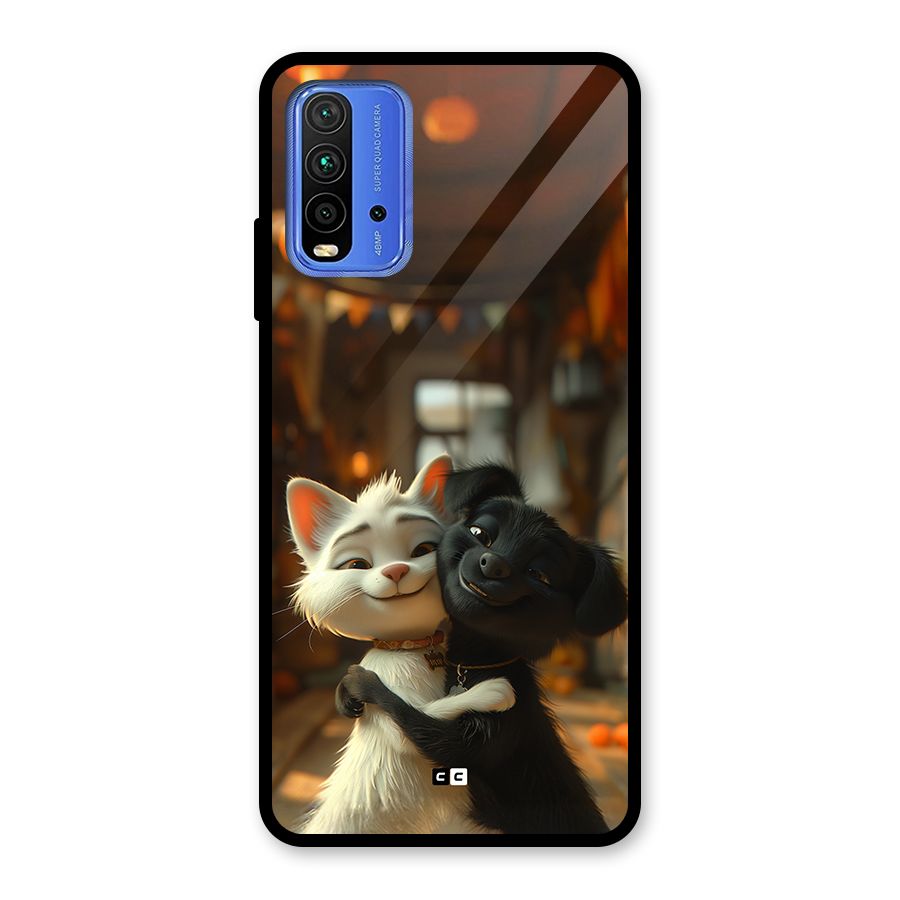 Cute Cat Dog Glass Back Case for Redmi 9 Power