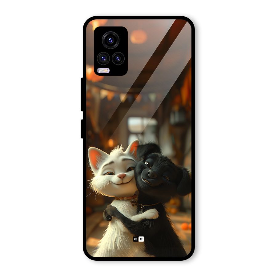 Cute Cat Dog Glass Back Case for Vivo V20 2021