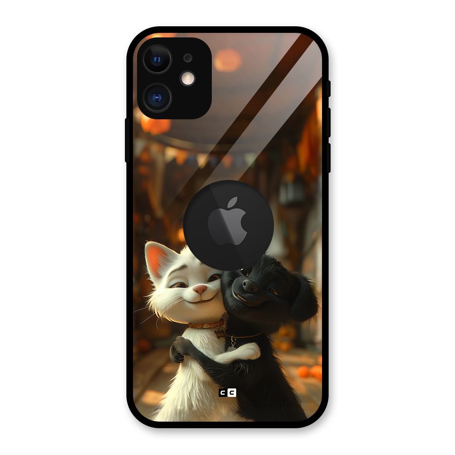Cute Cat Dog Glass Back Case for iPhone 11 Logo Cut