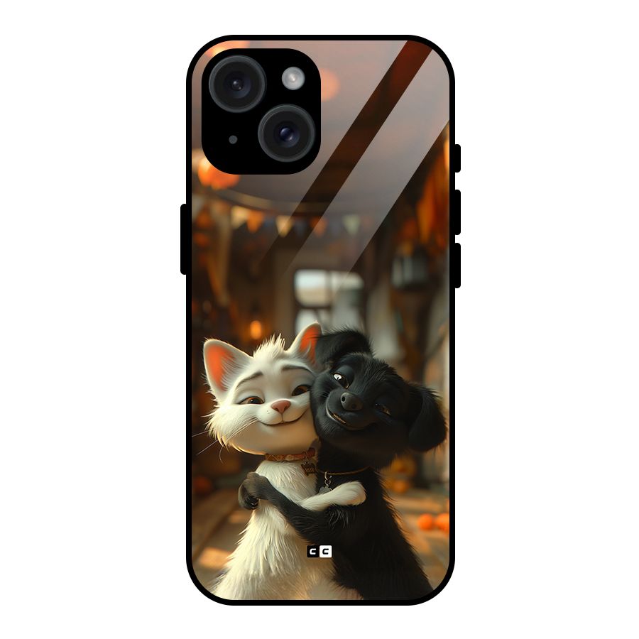 Cute Cat Dog Glass Back Case for iPhone 15