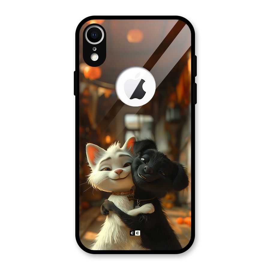 Cute Cat Dog Glass Back Case for iPhone XR Logo Cut