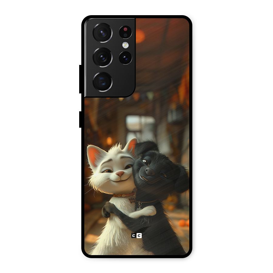 Cute Cat Dog Metal Back Case for Galaxy S21 Ultra 5G
