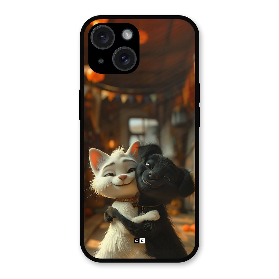 Cute Cat Dog Metal Back Case for iPhone 15