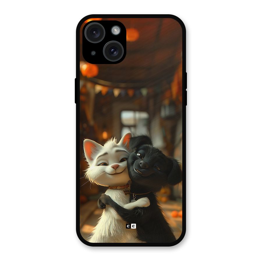 Cute Cat Dog Metal Back Case for iPhone 15 Plus