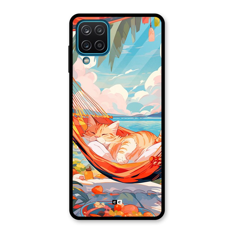 Cute Cat On Beach Glass Back Case for Galaxy A12