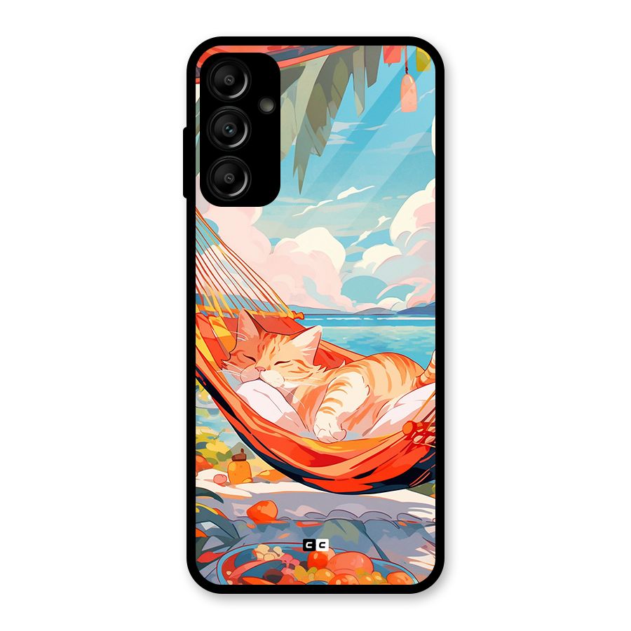 Cute Cat On Beach Glass Back Case for Galaxy A14 5G