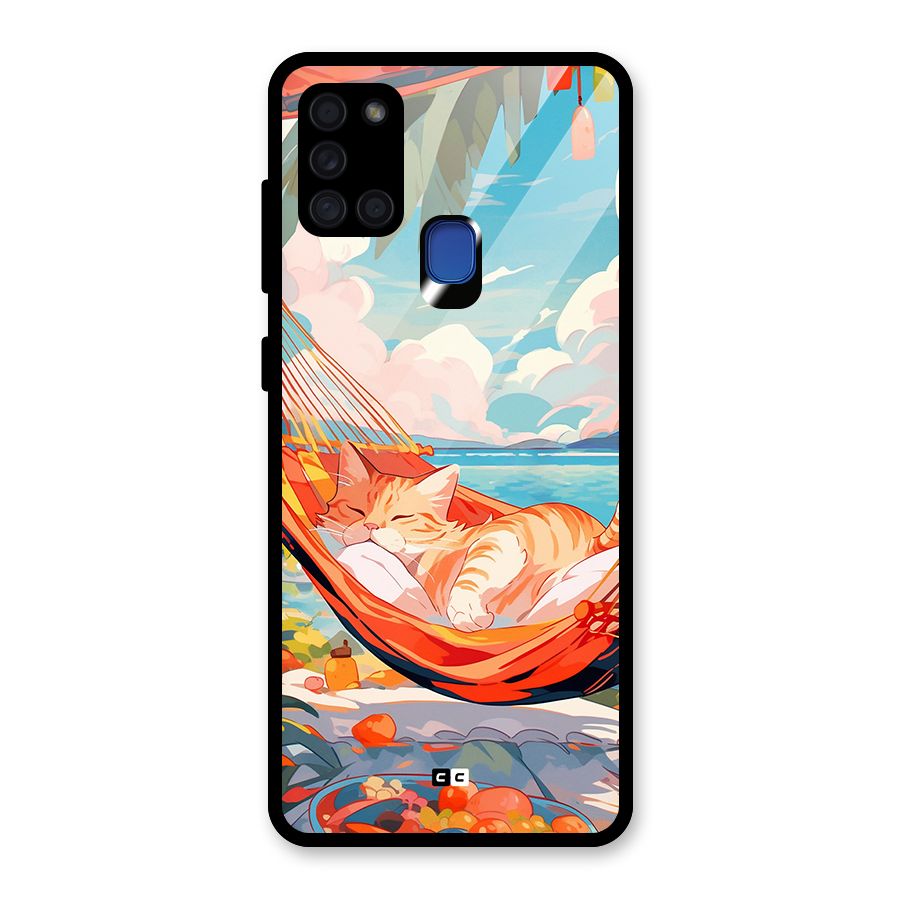 Cute Cat On Beach Glass Back Case for Galaxy A21s