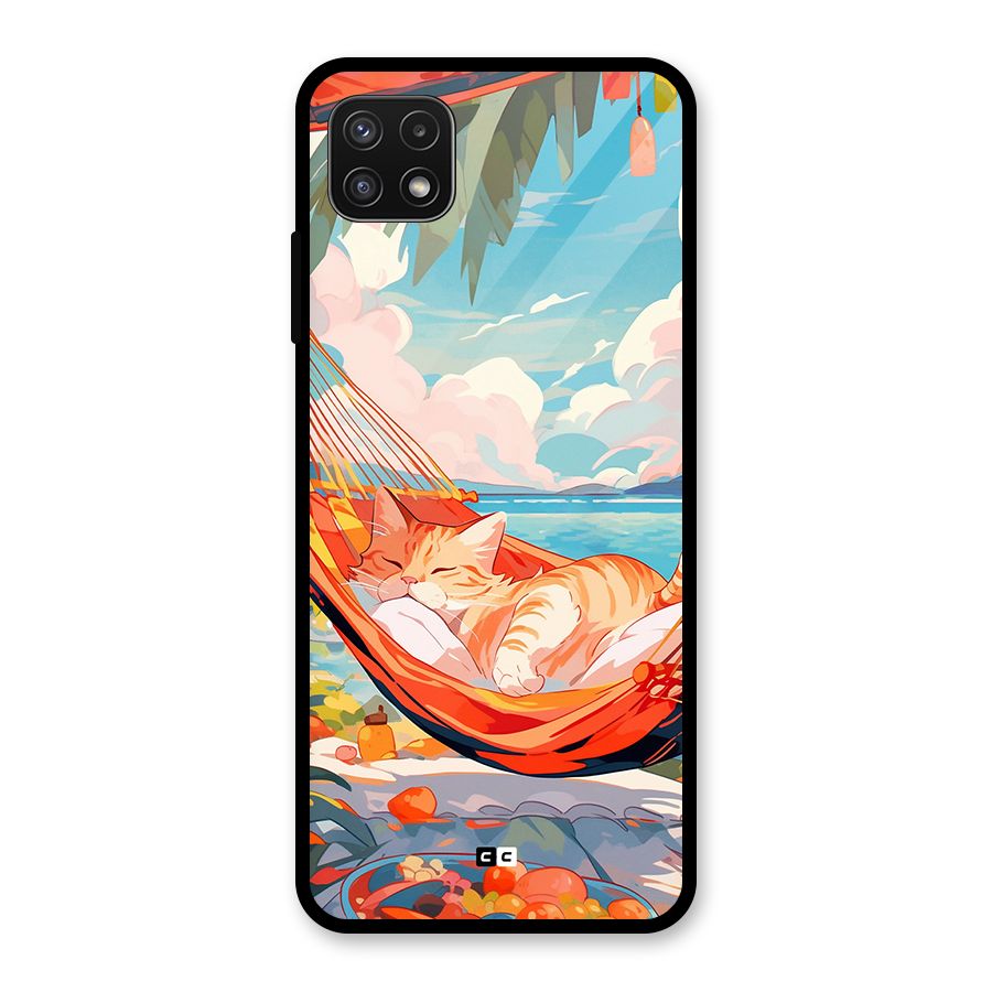 Cute Cat On Beach Glass Back Case for Galaxy A22 5G