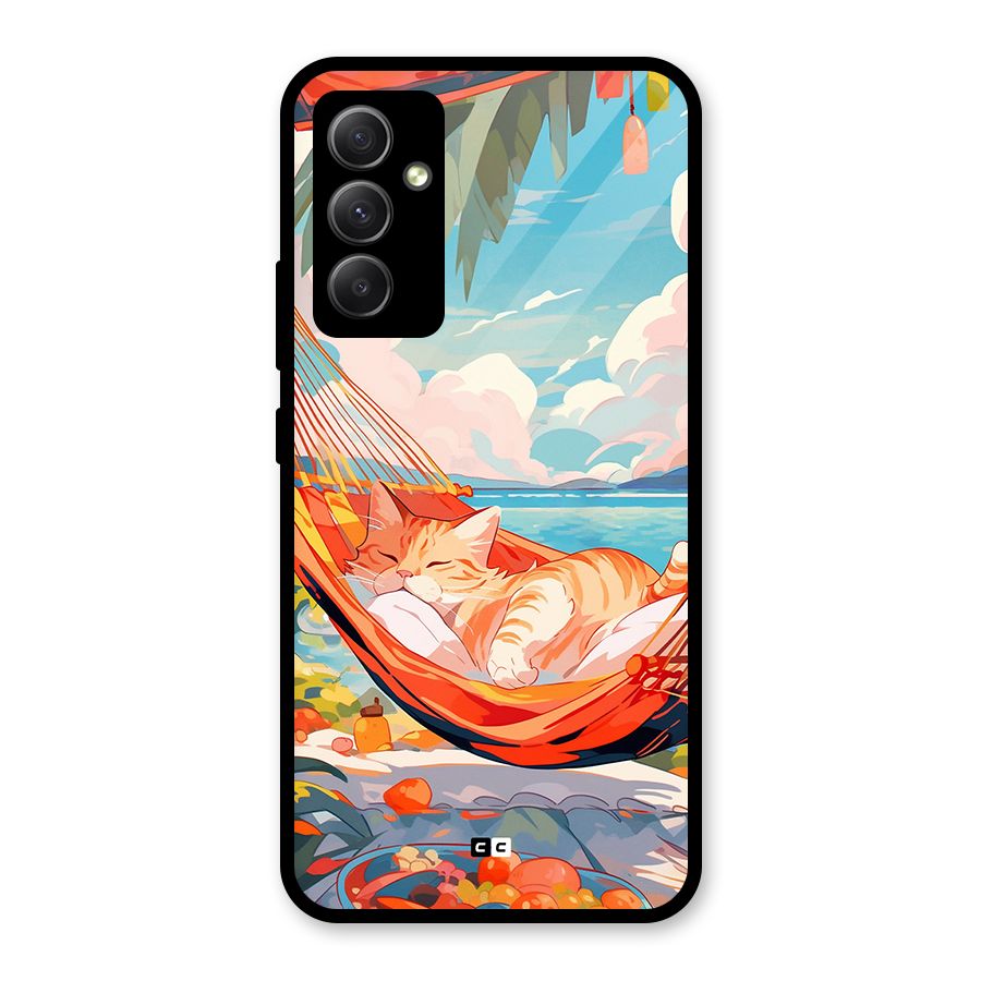 Cute Cat On Beach Glass Back Case for Galaxy A34