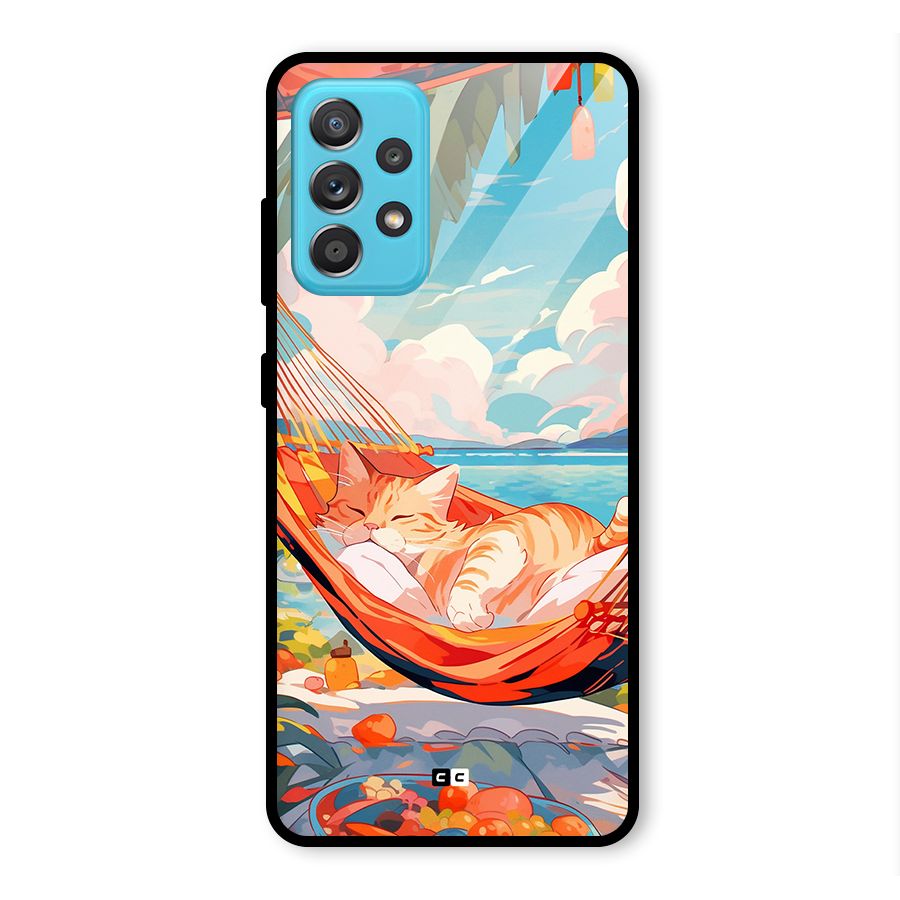 Cute Cat On Beach Glass Back Case for Galaxy A52s 5G