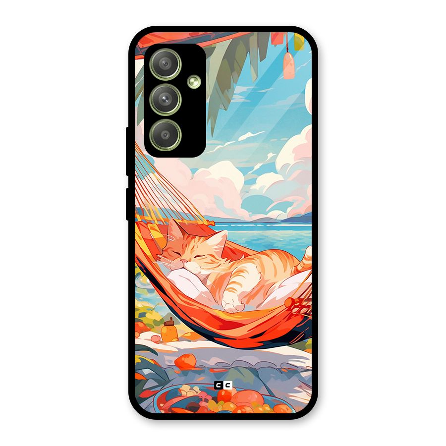 Cute Cat On Beach Glass Back Case for Galaxy A54