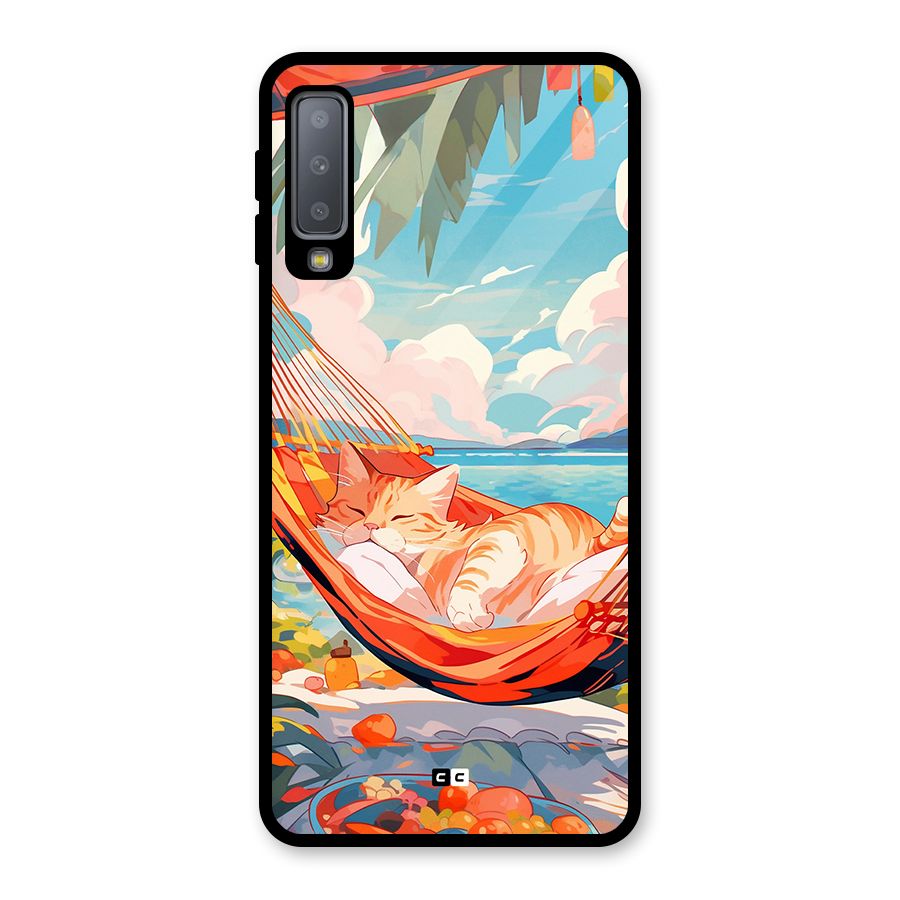Cute Cat On Beach Glass Back Case for Galaxy A7 (2018)